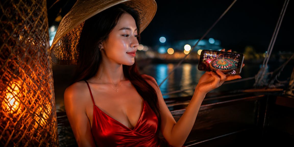 Phụ nữ đội nón lá chơi casino trực tuyến trên điện thoại tại bãi biển Mũi Né